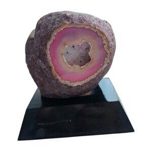 Pink Natural Agate  Geode on Black Stand Polished Front 2 ,2 Lbs
